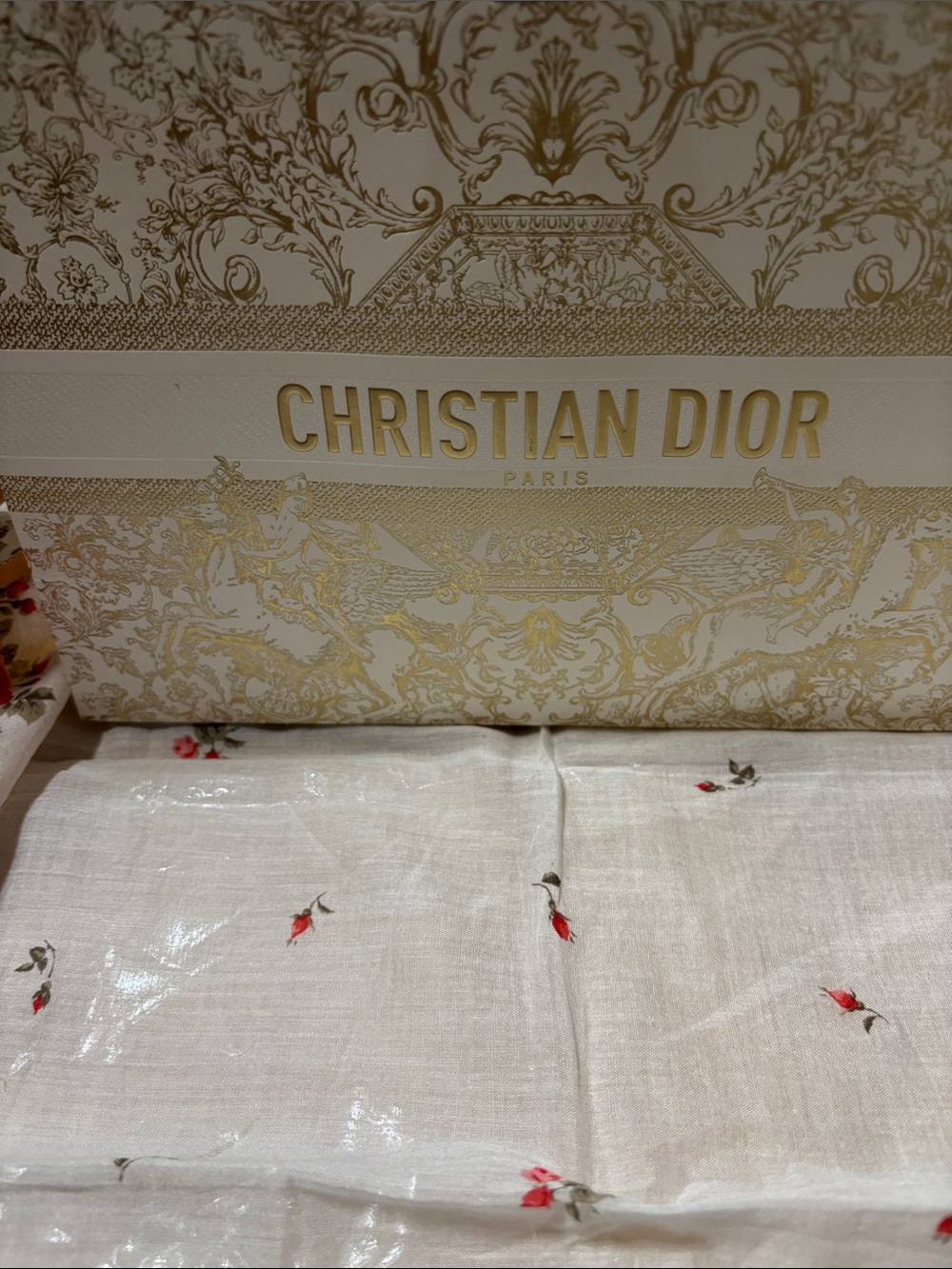 Dior Cream Scarf with Red Floral Sprigs